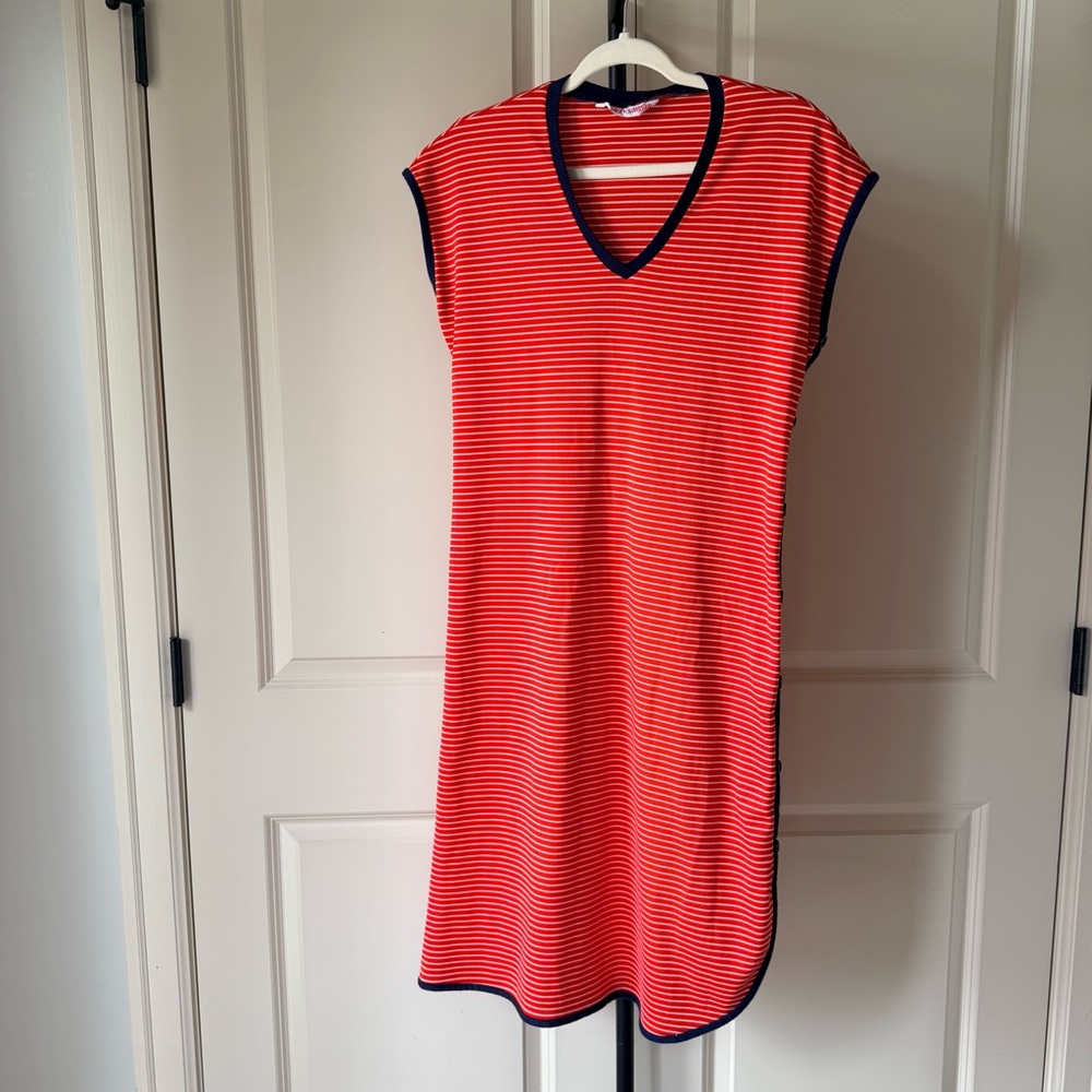 Vintage Vicky Vaughn Nautical Stripe Cover Up Dress Poppy Red Navy Trim